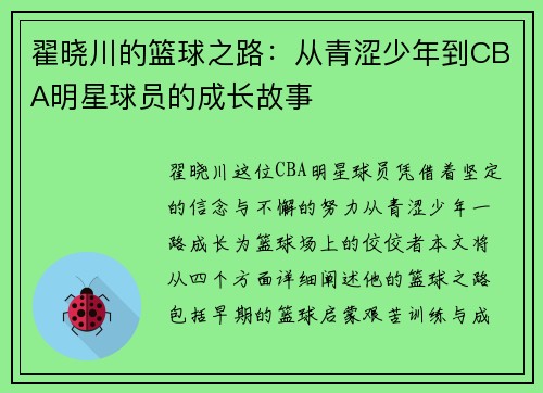 翟晓川的篮球之路：从青涩少年到CBA明星球员的成长故事