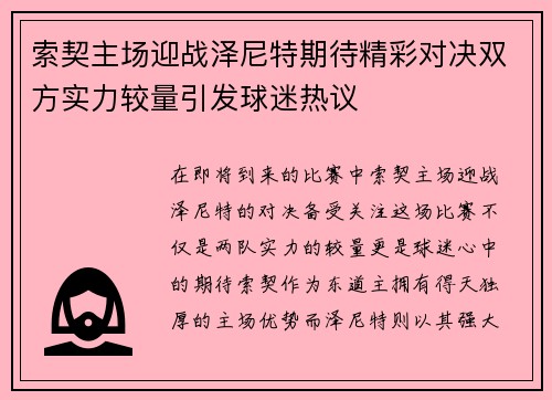 索契主场迎战泽尼特期待精彩对决双方实力较量引发球迷热议